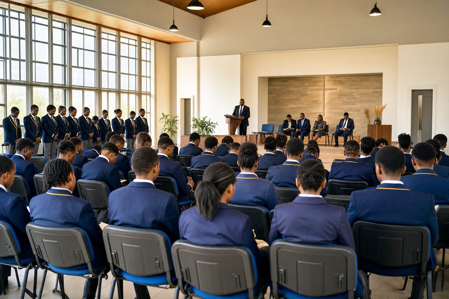 Students and staff gathered for school assembly and prayer